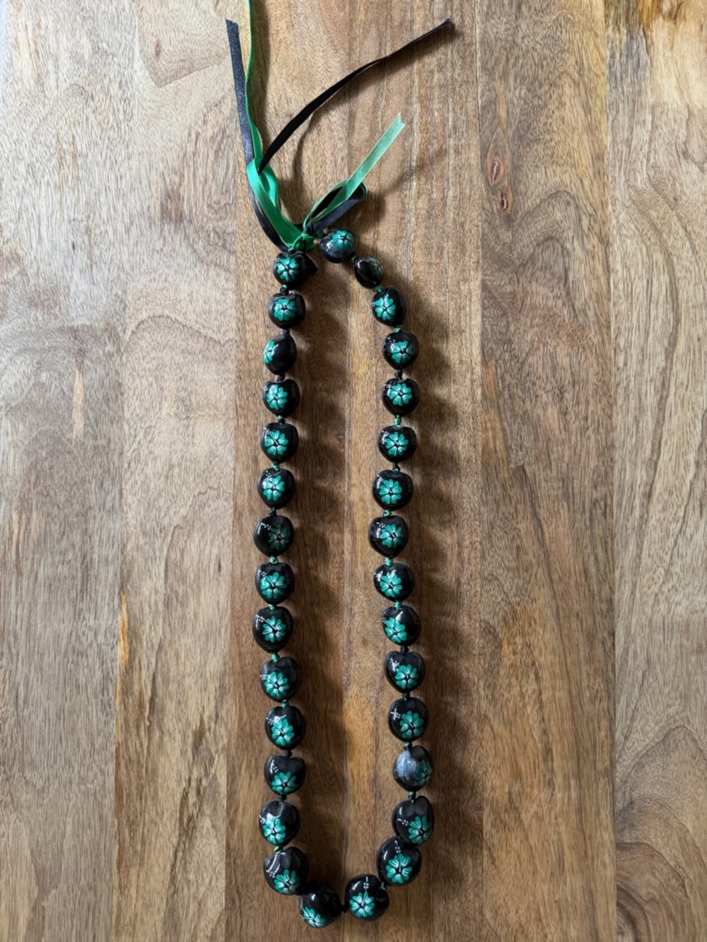 Hawaiian Kukui Nut Lei Green & Black Color Hibiscus Flower Necklace